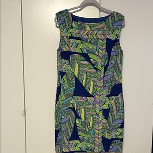 Trina Turk Blue and Green Geometric Midi Dress